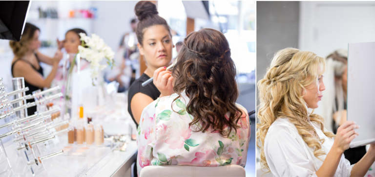 Amanda getting make up done for her wedding at Sara Lindsay