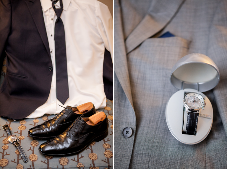 Details of the groom's suit, shoes and watch