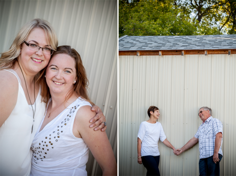 Sisters in front of grain bin 