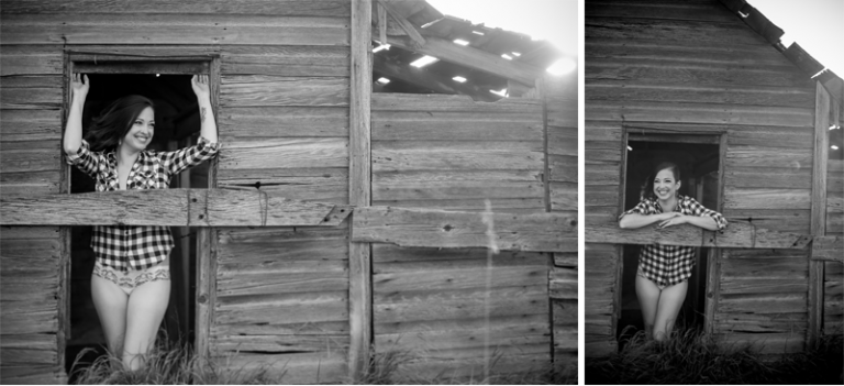 Girl poses in abandoned building for boudoir session with plaid shirt