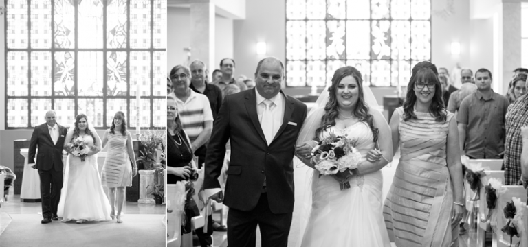 Bride walking down aisle with parents