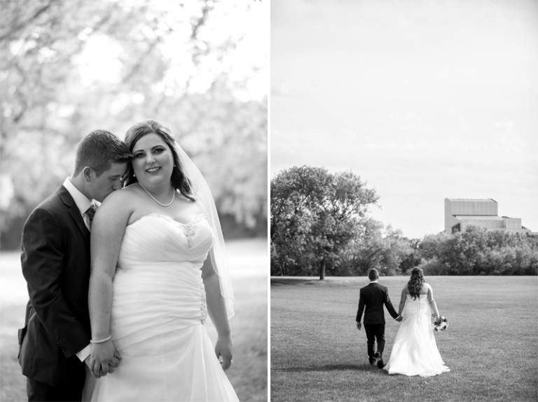 Bride and groom walking away