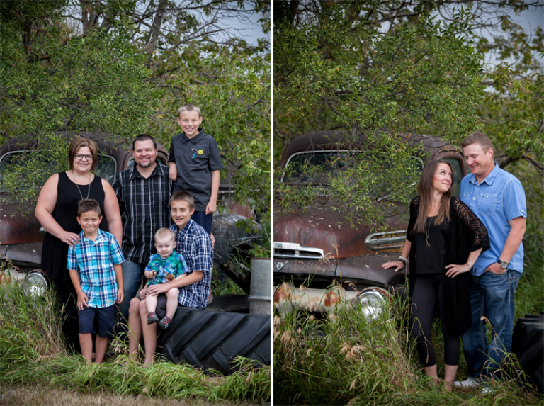 Small family groups with old car growing through truck 