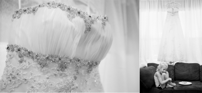 wedding dress hanging in window