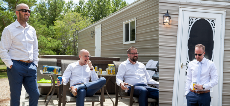 groomsmen relaxing outside before wedding