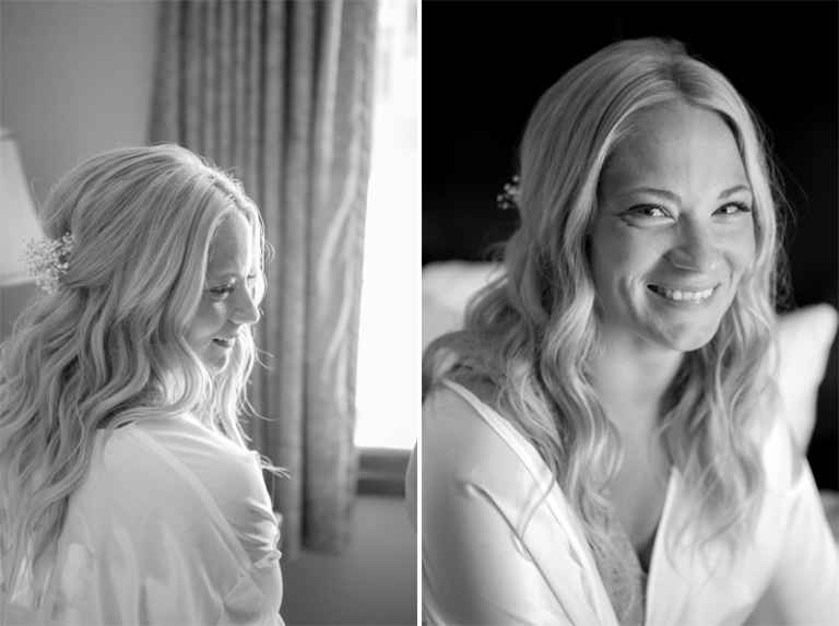 Bride smiling in gown black and white