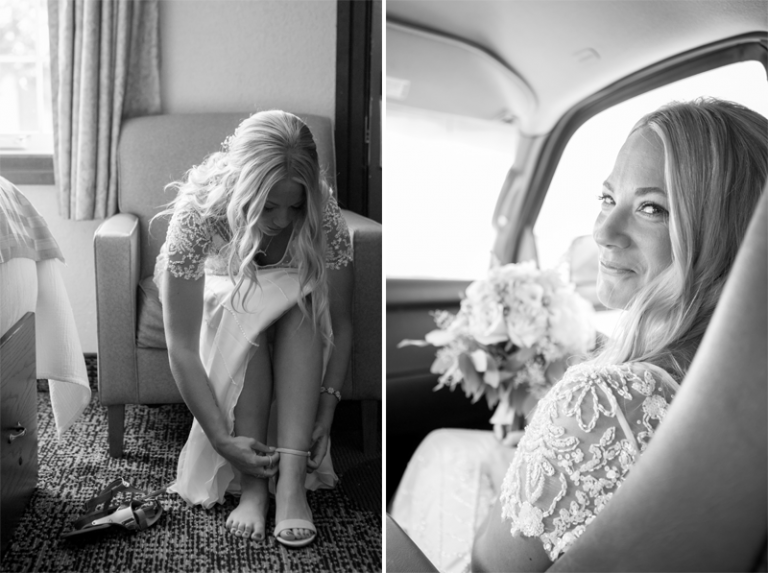 Bride putting on shoes