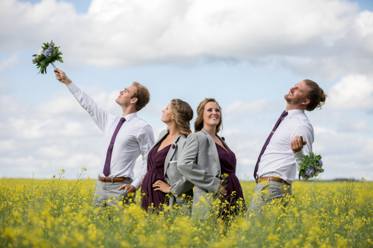 Bridal Party photo in canola field